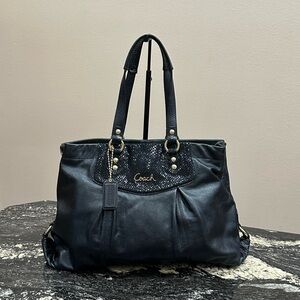 Coach Black Tote with Zebra Accent and Pom-Pom